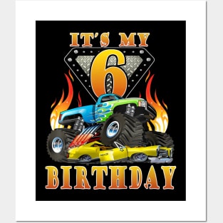 Kids Monster Truck 6 Year Old Shirt 6Th Birthday Boy Monster Car Posters and Art
